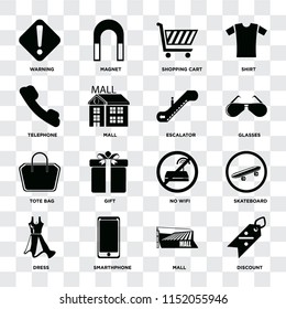 Set Of 16 icons such as Discount, Mall, Smarthphone, Dress, Skateboard, Warning, Telephone, Tote bag, Escalator on transparent background, pixel perfect