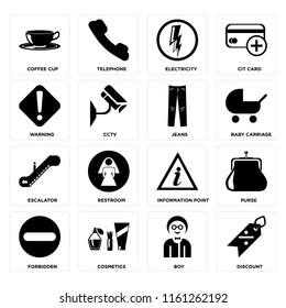 Set Of 16 icons such as Discount, Boy, Cosmetics, Forbidden, Purse, Coffee cup, Warning, Escalator, Jeans, web UI editable icon pack, pixel perfect