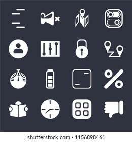 Set Of 16 icons such as Dislike, Menu, Clock, Reading, Percent, Lines, User, Stopwatch, Locked on black background, web UI editable icon pack