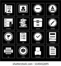 Set Of 16 icons such as Document, Television, Layers, Fax, Notebook, print, Database, Flag, Archive, web UI editable icon pack, pixel perfect