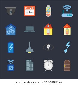 Set Of 16 icons such as Door, Alarm, Smart home, Socket, Power, Security camera, Battery, Home on black background, web UI editable icon pack