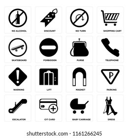 Set Of 16 icons such as Dress, Baby carriage, Cit card, Escalator, Parking, No alcohol, Skateboard, Warning, Purse, web UI editable icon pack, pixel perfect