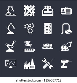 Set Of 16 icons such as Drill, Tools, Factory, Stock, Excavator, Conveyor, Robotic arm, Robot Planning on black background, web UI editable icon pack
