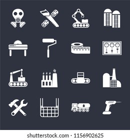 Set Of 16 icons such as Drill, Tank truck, Elevator, Tools, Factory, Gas mask, Saw, Conveyor, Measure on black background, web UI editable icon pack