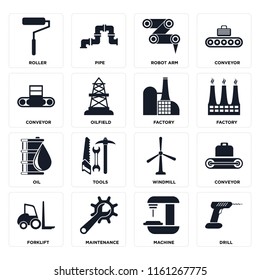 Set Of 16 icons such as Drill, Machine, Maintenance, Forklift, Conveyor, Roller, Oil, Factory, web UI editable icon pack, pixel perfect