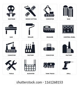 Set Of 16 icons such as Drill, Tank truck, Elevator, Tools, Factory, Gas mask, Saw, Conveyor, Measure, web UI editable icon pack, pixel perfect