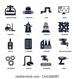 Set Of 16 icons such as Drill, Conveyor, Vacuum, Cogwheel, Drilling machine, Machine press, Forklift, Switch, Oilfield, web UI editable icon pack, pixel perfect