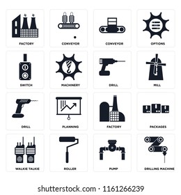 Set Of 16 icons such as Drilling machine, Pump, Roller, Walkie talkie, Packages, Factory, Switch, Drill, web UI editable icon pack, pixel perfect