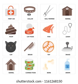 Set Of 16 icons such as Drops, Bone, Canned food, Kennel, Snake, First aid, Poop, Cat, Fish, web UI editable icon pack, pixel perfect