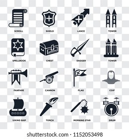 Set Of 16 icons such as Drum, Morning star, Torch, Viking ship, Coif, Scroll, Spellbook, Fanfare, Dagger on transparent background, pixel perfect