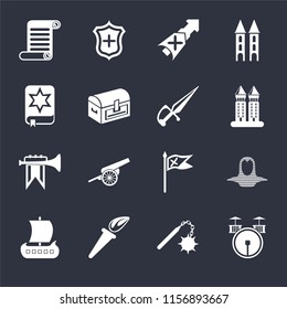 Set Of 16 icons such as Drum, Morning star, Torch, Viking ship, Coif, Scroll, Spellbook, Fanfare, Dagger on black background, web UI editable icon pack
