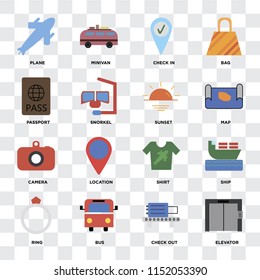 Set Of 16 icons such as Elevator, Check out, Bus, Ring, Ship, Plane, Passport, Camera, Sunset on transparent background, pixel perfect
