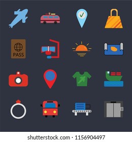 Set Of 16 icons such as Elevator, Check out, Bus, Ring, Ship, Plane, Passport, Camera, Sunset on black background, web UI editable icon pack