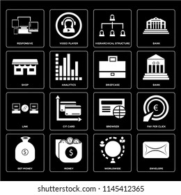 Set Of 16 icons such as Envelope, Worldwide, Money, Get money, Pay per click, Responsive, Shop, Link, Briefcase, web UI editable icon pack, pixel perfect
