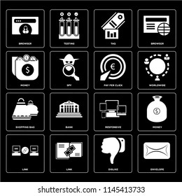 Set Of 16 icons such as Envelope, Dislike, Link, Money, Browser, Shopping bag, Pay per click, web UI editable icon pack, pixel perfect