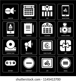 Set Of 16 icons such as Equal, App, Substract, Battery, Gift, Push pin, Smartphone, Compact disc, Calendar, web UI editable icon pack, pixel perfect