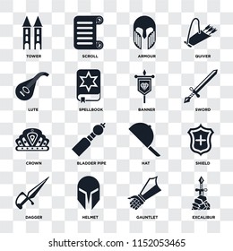 Set Of 16 icons such as Excalibur, Gauntlet, Helmet, Dagger, Shield, Tower, Lute, Crown, Banner on transparent background, pixel perfect