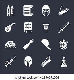 Set Of 16 icons such as Excalibur, Gauntlet, Helmet, Dagger, Shield, Tower, Lute, Crown, Banner on black background, web UI editable icon pack