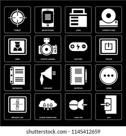 Set Of 16 icons such as Exit, Push pin, Cloud computing, Broken link, More, Target, User, Notebook, Battery, web UI editable icon pack, pixel perfect