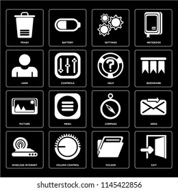 Set Of 16 icons such as Exit, Folder, Volume control, Wireless internet, Send, Trash, User, Picture, Help, web UI editable icon pack, pixel perfect
