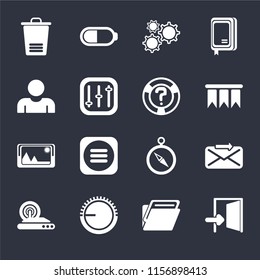 Set Of 16 icons such as Exit, Folder, Volume control, Wireless internet, Send, Trash, User, Picture, Help on black background, web UI editable icon pack