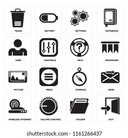 Set Of 16 icons such as Exit, Folder, Volume control, Wireless internet, Send, Trash, User, Picture, Help, web UI editable icon pack, pixel perfect