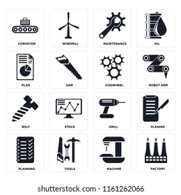 Set Of 16 icons such as Factory, Machine, Tools, Planning, Planing, Conveyor, Plan, Bolt, Cogwheel, web UI editable icon pack, pixel perfect