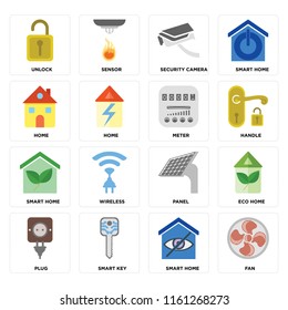 Set Of 16 icons such as Fan, Smart home, key, Plug, Eco Unlock, Home, Meter, web UI editable icon pack, pixel perfect