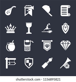 Set Of 16 icons such as Fanfare, Bladder pipe, Shield, , Jewelry, Lute, Crown, Cauldron, Witch on black background, web UI editable icon pack