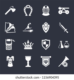 Set Of 16 icons such as Fanfare, Standard, Goblet, Tunic, Alchemy, Axe, Crossbow, Water well, Shield on black background, web UI editable icon pack