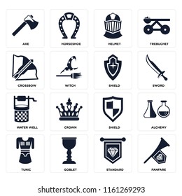 Set Of 16 icons such as Fanfare, Standard, Goblet, Tunic, Alchemy, Axe, Crossbow, Water well, Shield, web UI editable icon pack, pixel perfect