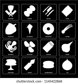 Set Of 16 icons such as Fig, Hamburguer, Water, Pancakes, Onion, Butcher, Hazelnut, Octopus, Doughnut, web UI editable icon pack, pixel perfect