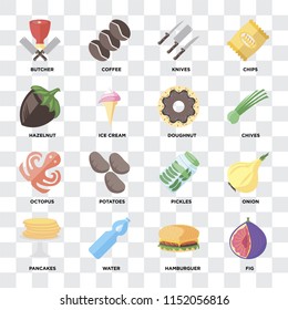 Set Of 16 icons such as Fig, Hamburguer, Water, Pancakes, Onion, Butcher, Hazelnut, Octopus, Doughnut on transparent background, pixel perfect