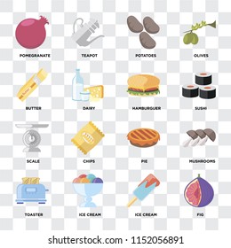 Set Of 16 icons such as Fig, Ice cream, Toaster, Mushrooms, Pomegranate, Butter, Scale, Hamburguer on transparent background, pixel perfect