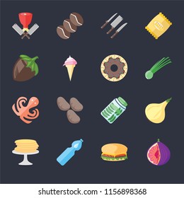 Set Of 16 icons such as Fig, Hamburguer, Water, Pancakes, Onion, Butcher, Hazelnut, Octopus, Doughnut on black background, web UI editable icon pack