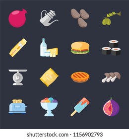 Set Of 16 icons such as Fig, Ice cream, Toaster, Mushrooms, Pomegranate, Butter, Scale, Hamburguer on black background, web UI editable icon pack