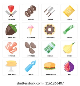 Set Of 16 icons such as Fig, Hamburguer, Water, Pancakes, Onion, Butcher, Hazelnut, Octopus, Doughnut, web UI editable icon pack, pixel perfect