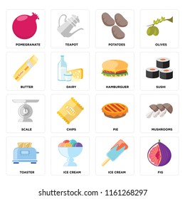 Set Of 16 icons such as Fig, Ice cream, Toaster, Mushrooms, Pomegranate, Butter, Scale, Hamburguer, web UI editable icon pack, pixel perfect