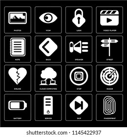 Set Of 16 icons such as Fingerprint, Skip, Server, Battery, Radar, Photos, Note, Dislike, Speaker, web UI editable icon pack, pixel perfect