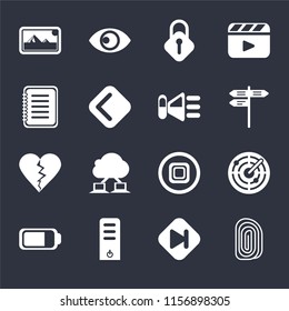 Set Of 16 icons such as Fingerprint, Skip, Server, Battery, Radar, Photos, Note, Dislike, Speaker on black background, web UI editable icon pack