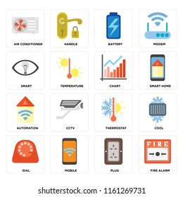 Set Of 16 icons such as Fire alarm, Plug, Mobile, Dial, Cool, Air conditioner, Smart, Automation, Chart, web UI editable icon pack, pixel perfect