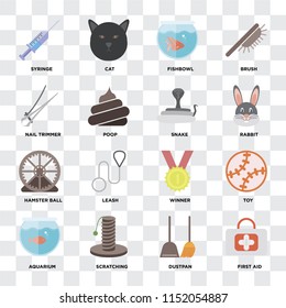 Set Of 16 icons such as First aid, Dustpan, Scratching, Aquarium, Toy, Syringe, Nail trimmer, Hamster ball, Snake on transparent background, pixel perfect