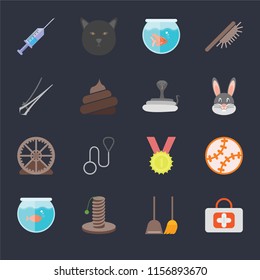 Set Of 16 icons such as First aid, Dustpan, Scratching, Aquarium, Toy, Syringe, Nail trimmer, Hamster ball, Snake on black background, web UI editable icon pack