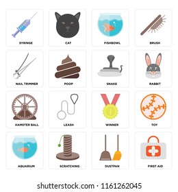 Set Of 16 icons such as First aid, Dustpan, Scratching, Aquarium, Toy, Syringe, Nail trimmer, Hamster ball, Snake, web UI editable icon pack, pixel perfect