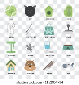 Set Of 16 icons such as Fish, Brush, Hamster, Pet shop, Bowl, Ball, Leash, Platform, Shopping bag on transparent background, pixel perfect
