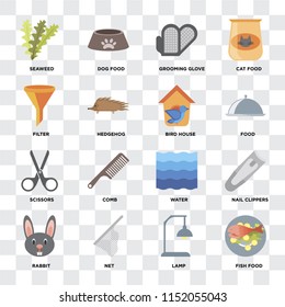 Set Of 16 icons such as Fish food, Lamp, Net, Rabbit, Nail clippers, Seaweed, Filter, Scissors, Bird house on transparent background, pixel perfect
