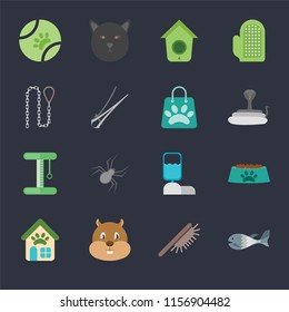Set Of 16 icons such as Fish, Brush, Hamster, Pet shop, Bowl, Ball, Leash, Platform, Shopping bag on black background, web UI editable icon pack