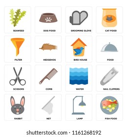 Set Of 16 icons such as Fish food, Lamp, Net, Rabbit, Nail clippers, Seaweed, Filter, Scissors, Bird house, web UI editable icon pack, pixel perfect
