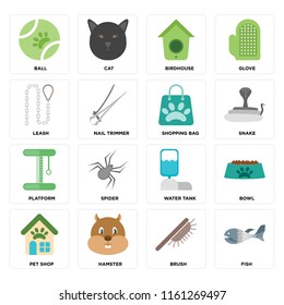 Set Of 16 icons such as Fish, Brush, Hamster, Pet shop, Bowl, Ball, Leash, Platform, Shopping bag, web UI editable icon pack, pixel perfect