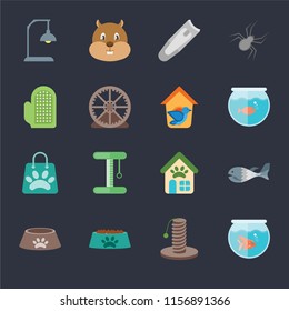 Set Of 16 icons such as Fishbowl, Scratching, Bowl, Dog food, Fish, Lamp, Glove, Shopping bag, Bird house on black background, web UI editable icon pack